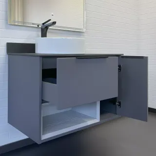 Тумба-умывальник Comforty Джанкой 90 антрацит с черной столешницей и раковиной 9111